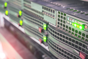 Computer database server is a close up. Cloud storage services. Hosting platform Internet provider. Selective focus