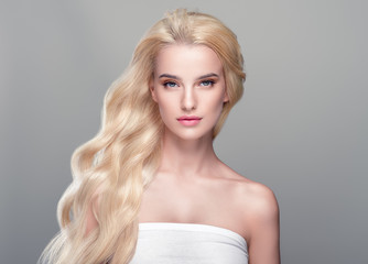 Beautiful hair woman blonde long hairstyle beauty healthy skin face closeup