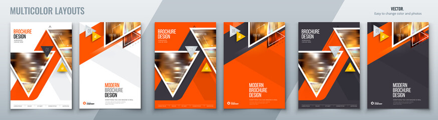 Brochure template layout design with triangles. Corporate business annual report, catalog, magazine, flyer mockup. Creative modern bright concept with triangle shapes