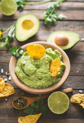 Homemade guacamole dip in the bowl