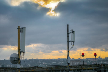Mobile base station antennas are on the roof. Telecommunications equipment for wireless data...