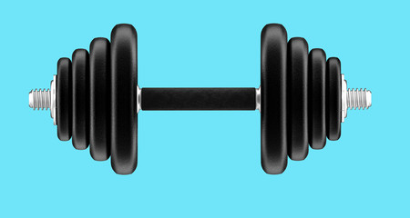 3D rendering dumbbells isolated on blue background. Fitness, bodybuilding and healthy lifestyle.