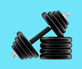 3D rendering dumbbells isolated on blue background. Fitness, bodybuilding and healthy lifestyle.