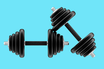 3D rendering dumbbells isolated on blue background. Fitness, bodybuilding and healthy lifestyle.