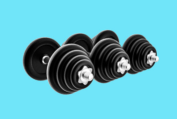 3D rendering dumbbells isolated on blue background. Fitness, bodybuilding and healthy lifestyle.