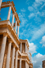 Scaenae frons in the Antique Roman Theatre in Merida. Panorama image. The Archaeological Ensemble...