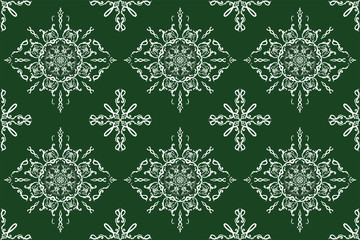 Luxury seamless pattern hand drawn with traditional ornament decoration and mixed with victorian style. Geometry each side for fashion fabric, knit, textile, batic. Green and white background theme.