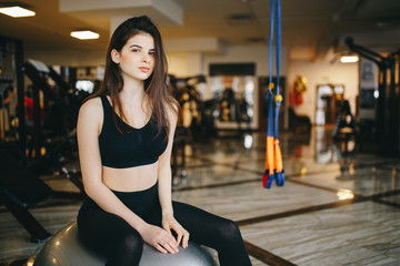 Beautiful girl in the gym. A woman performs exercises. Girl with a ball