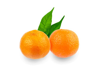 Two mandarin with two leaves on a white background close-up