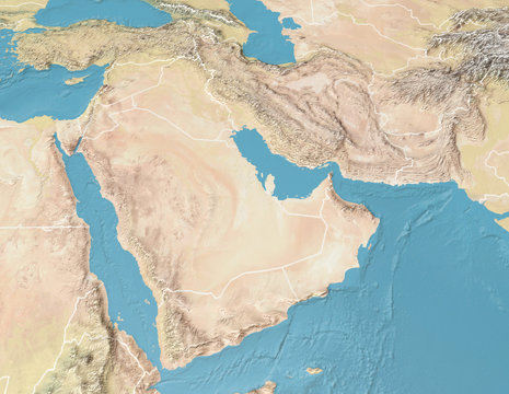 Satellite view of the Arabian Peninsula. Map. Saudi Arabia, Yemen, Oman, United Arab Emirates, Syria, Iran, Iraq, Qatar, Kuwait, Turkey. Elements of this image are furnished by Nasa. 3d rendering