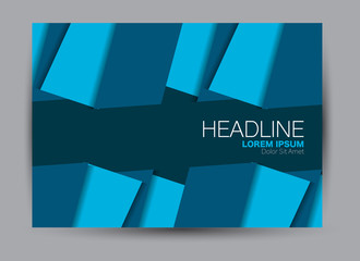 Blue landscape wide flyer or brochure template. Billboard abstract background design. Business, education, presentation, advertisement concept. Vector illustration.