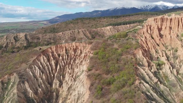 Aerial view Drone Rock formation Stob Pyramids Bulgaria in Rila Mountains