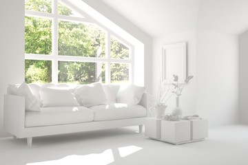 Mock up of stylish room in white color with sofa and green landscape in window. Scandinavian interior design. 3D illustration