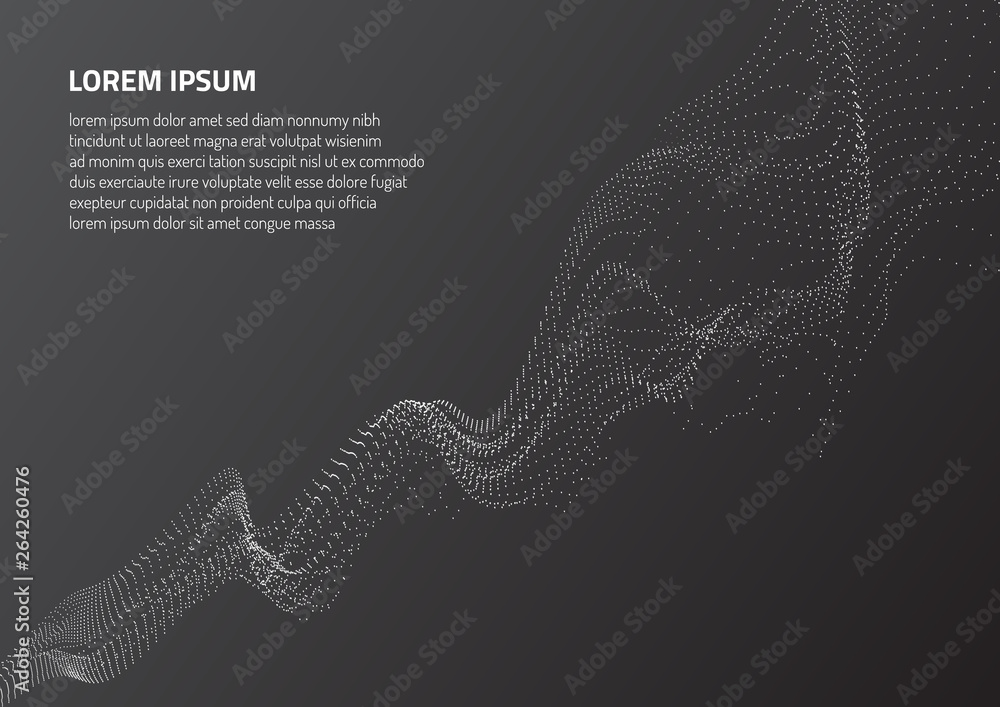 Poster abstract background with volumetric forms of particles. particle oscillation and motion of waves in 