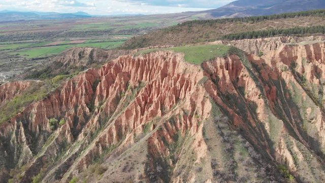 Aerial view Drone Rock formation Stob Pyramids Bulgaria in Rila Mountains