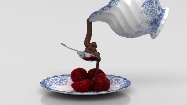 Carafe pours liquid chocolate over strawberries, sweet, 3d illustration, 3d render