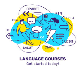 Vector business illustration of people with speech bubble and word in different language on color background. Education courses concept with man, woman, text.