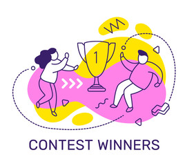 Vector business illustration of people with golden cup on color background. Winner concept with man, woman, text.