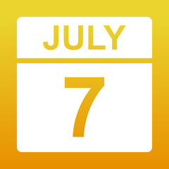 July 7. White calendar on a colored background. Day on the calendar. Yellow background with gradient. Simple vector illustration.