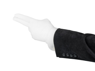 Man hand in white gloves showing shooting gesture isolated with clipping path