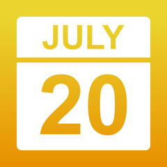 July 20. White calendar on a colored background. Day on the calendar. Yellow background with gradient. Simple vector illustration.