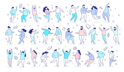 Vector illustration of set of man and woman in different cool poses on white background.