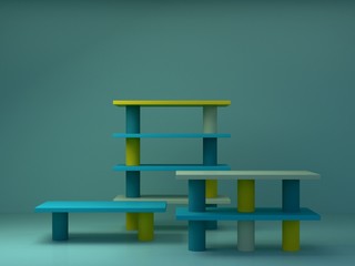 Minimal scene with podium and abstract background. Geometric shape. Blue and yellow colors scene. Minimal 3d rendering. Scene with geometrical forms and blue background. 3d render. 
