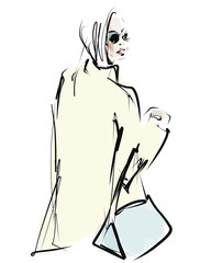 Young stylish woman, beautiful girl. Hand drawn fashion illustration. Sketch, vector