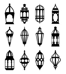 Arabic or Islamic lanterns set. Black silhouette collection
