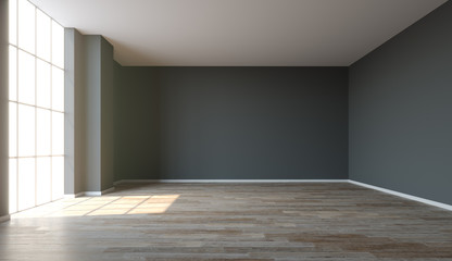 Interior background, room with a dark walls, sun light and wood floor, 3D illustration.