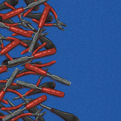 tools on a blue denim background, the chisel, screwdriver, pasatizhi