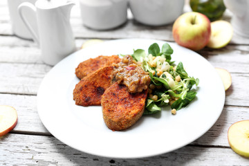 Vegetarian dish. Baked sweet potatoes with chickpea salad. 