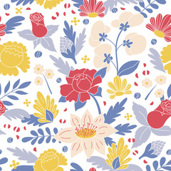 Doodle Abstract Seamless Pattern with Rough Drawn Flowers and Leaves - 264266084