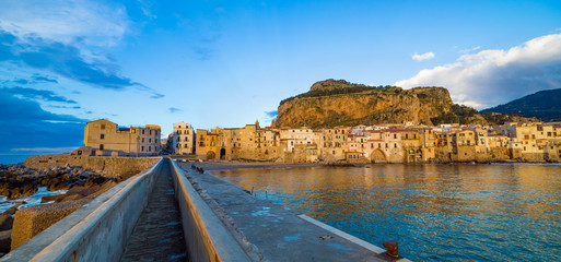 Sunset view of Cefalu in Sicily, Italy.