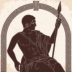 Ancient Greek warrior is sitting with a spear in his hand. Vector illustration on beige background.