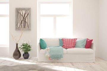 Stylish room in white color with sofa. Scandinavian interior design. 3D illustration