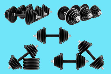 3D rendering dumbbells isolated on blue background. Fitness, bodybuilding and healthy lifestyle.