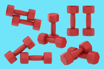 3D rendering red dumbbells isolated on blue background. Fitness, bodybuilding and healthy lifestyle.