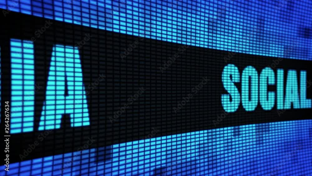 Poster social media side text scrolling on light blue digital led display board pixel light screen looped a