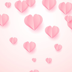 Falling pink paper hearts on white background. Vector