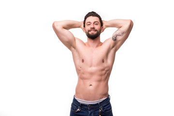 Fototapeta premium Portrait of strong healthy handsome Athletic Man Fitness man isolated on white