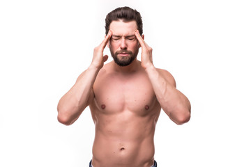 Bodybuilder posing. Handsome power athletic guy male. Sad, worried or unhappy young muscular man with hands on his head, isolated on white background