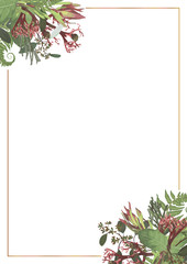 Decorative golden rectangular frame with Brunia, fern, eucalyptus, leucadendron, gaultheria, salal, jatropha. For wedding invitations, vignettes, postcards, posters, documents