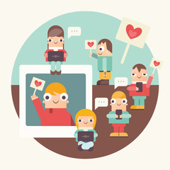 Social Networking Concept - Funny People Using Cellphone, Laptop and Smartphone for Sending Posts in Social Media. Cartoon Characters near Big Internet Photo. Vector Illustration.