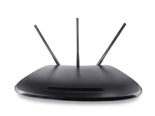 Black wifi router in wide angle perspective isolated with clipping path - obrazy, fototapety, plakaty
