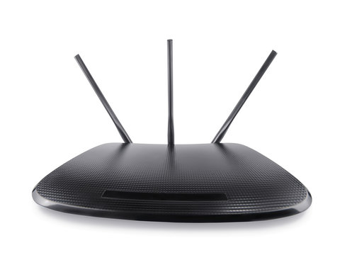 Black wifi router in wide angle perspective isolated with clipping path