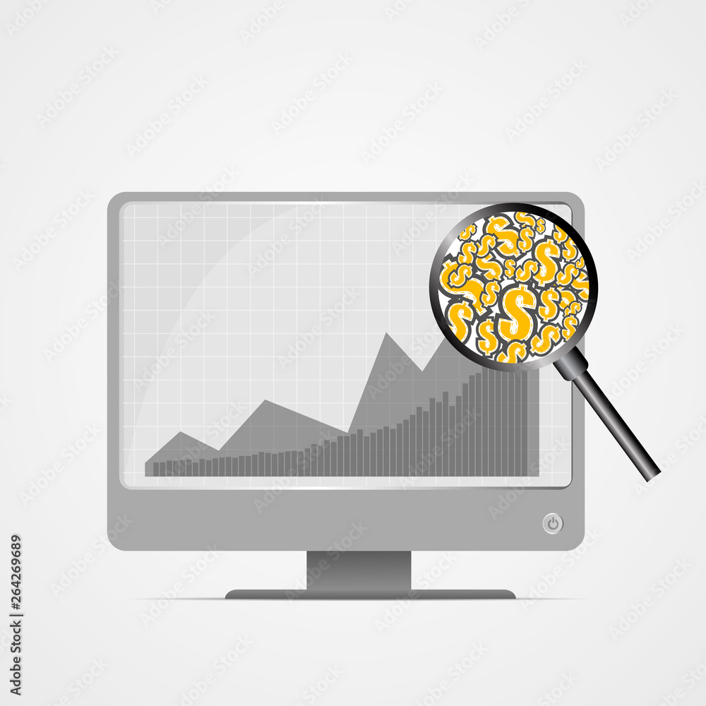 Poster vector : magnifying glass and dollar signs with increasing business graph on computer monitor