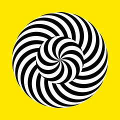 Twirling spin circle. Circular geometric pattern with moving effect of rotation. Black and white optical symbol with striped lines.