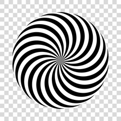Twirling spin circle. Circular geometric pattern with moving effect of rotation. Black and white optical symbol with striped lines.