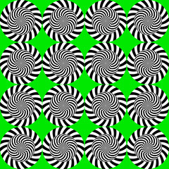 Optical illusion, moving effect of rotation. Seamless pattern with spin twiling circles. Op art background.